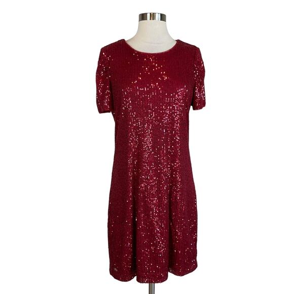 DKNY Red Sequined Cocktail Dress Size 14 Knee Length Short Sleeve Shift - Picture 1 of 11